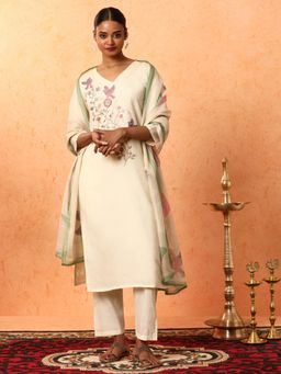 Jaipur Kurti - Cream Floral Embroidered Straight Kurta with Pant and Dupatta (Set of 3)