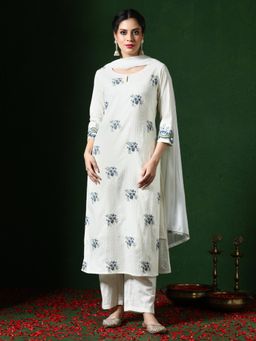 Jaipur Kurti - White Floral Embroidered Straight Kurta with Pant and Dupatta (Set of 3)