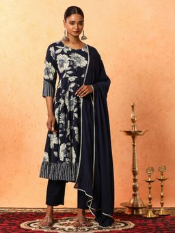 Jaipur Kurti - Navy Blue Floral Print Flared Kurta with Pant and Dupatta (Set of 3)