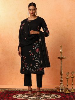 Jaipur Kurti - Black Floral Embroidered Straight Kurta with Pant and Dupatta (Set of 3)
