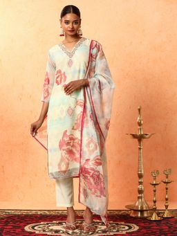 Jaipur Kurti - Cream Floral Embroidered Organza Kurta with Pant and Dupatta (Set of 3)