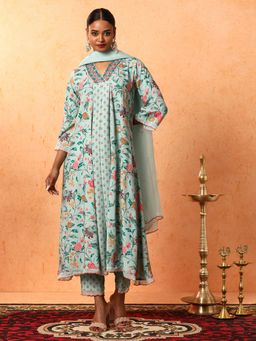 Jaipur Kurti - Blue Floral Embroidered A-Line Kurta with Pant and Dupatta (Set of 3)