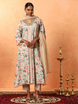Jaipur Kurti - Cream Floral Embroidered A-Line Kurta with Pant and Dupatta (Set of 3)