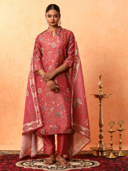 Jaipur Kurti - Red Floral Print Silk Blend Kurta with Pant and Dupatta (Set of 3)