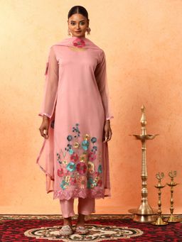 Jaipur Kurti - Pink Floral Embroidered Silk Blend Kurta with Pant and Dupatta (Set of 3)