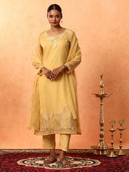 Jaipur Kurti - Yellow Sequined Organza Kurta with Pant and Dupatta (Set of 3)