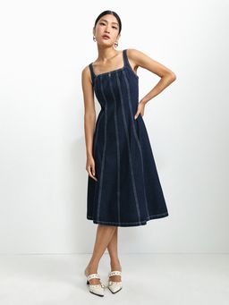 Pomelo - Contrast Stitching Detail Denim Midi Dress - Blue
