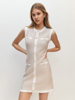 Pomelo - Sleeveless Woven Button Mini Dress - Beige