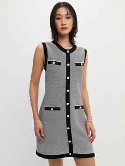 Pomelo - Contrast Trim Knitted Sleeveless Button Mini Dress - Black/White