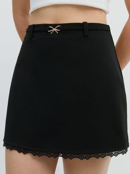 Pomelo - Bow Lace Trim Skirt - Black