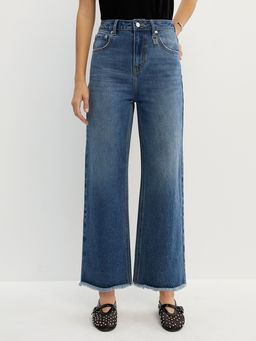Pomelo - Frayed Hem Wide Leg Jeans - Blue