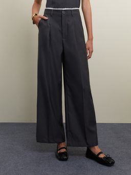 Pomelo - Lace Trim Wide Leg Pants - Mid Grey