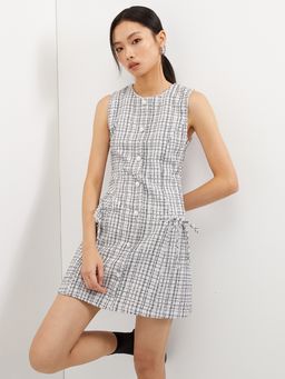 Pomelo - Tweed Pearl Button Bow Dress - White