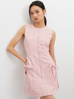 Pomelo - Tweed Pearl Button Bow Dress - Pink