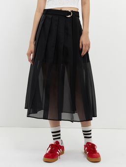 Pomelo - Pleated Layered Skirt with Belt - Black