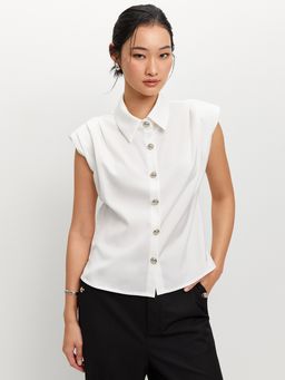 Pomelo - Cap Sleeve Button-up Top - White