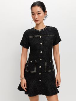 Pomelo - Flared Tweed Dress - Black