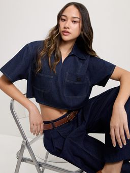 Pomelo - Cropped Denim Blouse Crop Top - Dark Blue