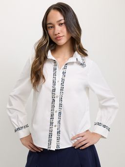 Pomelo - Tweed Trim Shirt - White