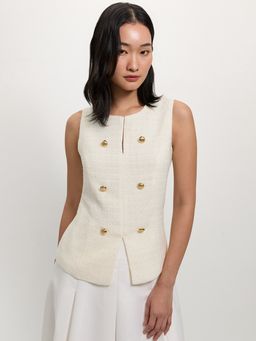 Pomelo - Tweed Front Slit Vest - Ivory
