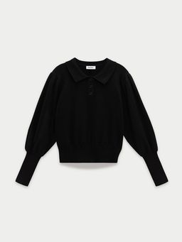Pomelo - Polo Puff Sleeve Knit Top - Black