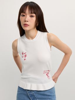 Pomelo - Ruffled Embroidery Top - White