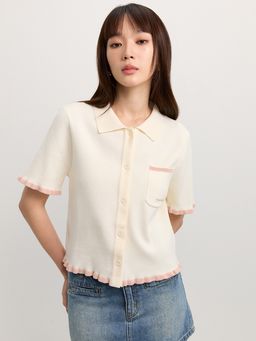 Pomelo - Ruffled Contrast Trim Shirt - Ivory
