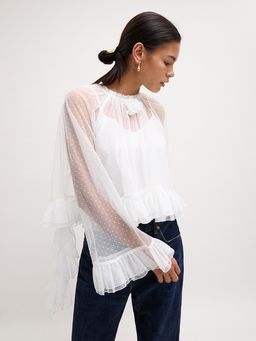 Pomelo - Ruffled Polka Dot Blouse Top- White