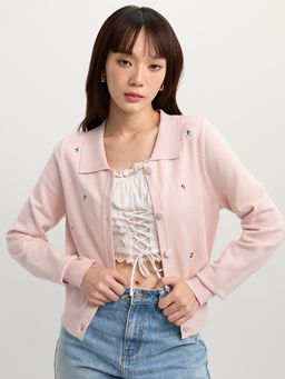 Pomelo - Embroidered Cardigan - Pink