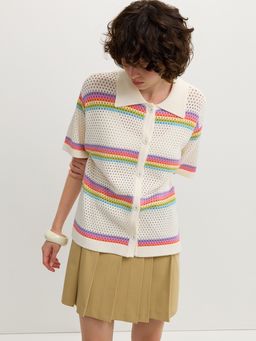 Pomelo - Striped Knit Short Sleeve Shirt - Multi Color
