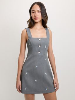 Pomelo - Floral Embroidery Dress - Mid Grey