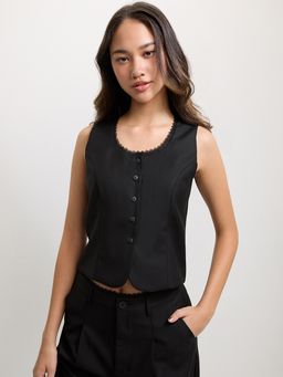 Pomelo - Lace Trim Buttoned Vest - Black