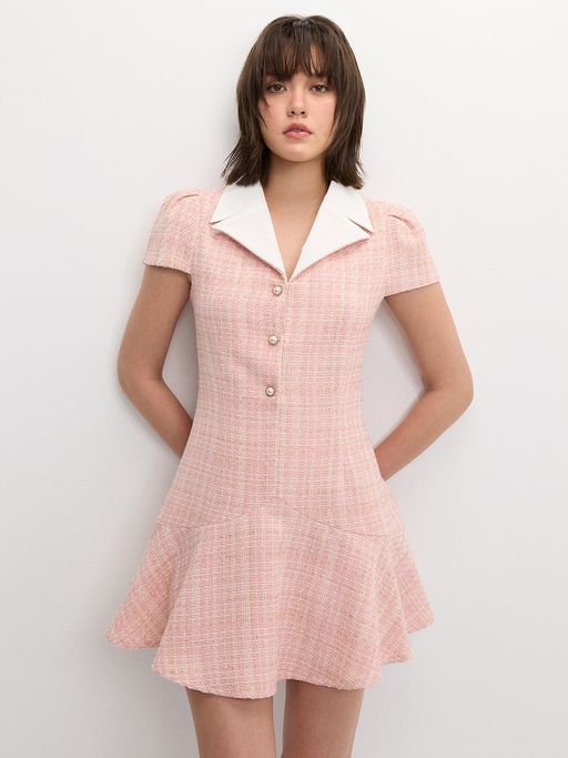 chinese dress ladies Ava Presley 29806 Size 12 Light Pink Short Tweed Dress Pageant Interview Ruffle Cap Sleeve Square Button