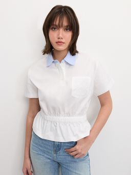 Pomelo - Elastic Waist Blouse Top- White
