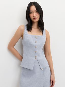 Pomelo - Tweed Front Slit Top - Light Blue