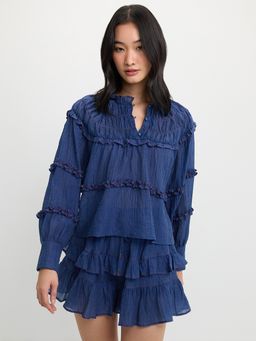 Pomelo - Ruffled Trim Blouse - Navy