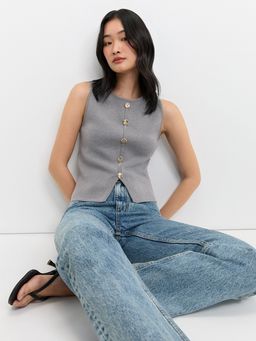 Pomelo - Front Slit Knit Top - Mid Grey