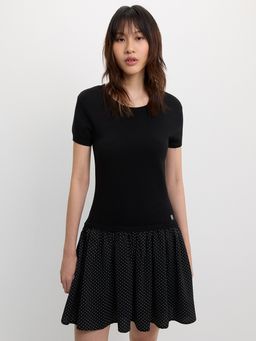 Pomelo - Layered Polka Dot Skirt Dress - Black