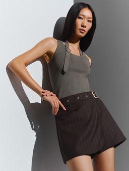 Pomelo - Belted Knit Top - Dark Green