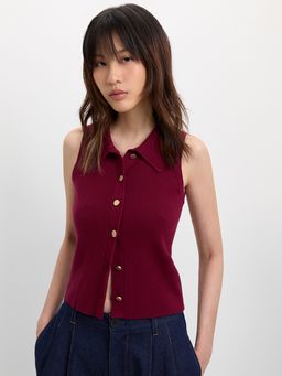 Pomelo - Button-Up Knit Top - Burgundy