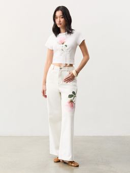 Pomelo - Lace Accent Rose Print Tee - White