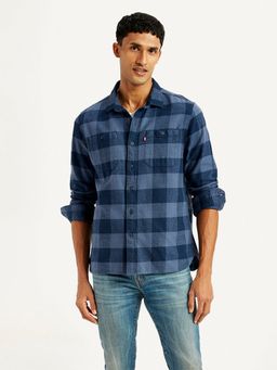 Levi's - Men Cotton Checks Regular Fit Collar Neck Navy Blue Casual Shirt