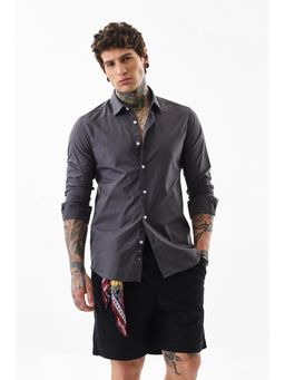 Snitch - Men Cotton Solid Slim Fit Collar Neck Charcoal Casual Shirt