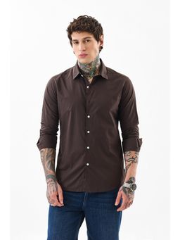 Snitch - Men Cotton Solid Slim Fit Collar Neck Brown Casual Shirt