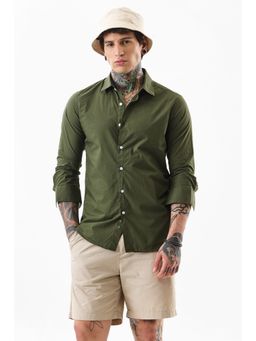 Snitch - Men Cotton Solid Slim Fit Collar Neck Olive Casual Shirt