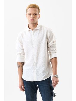 Snitch - Men Lyocell Blend Textured Regular Fit Collar Neck Off White Casual Shirt