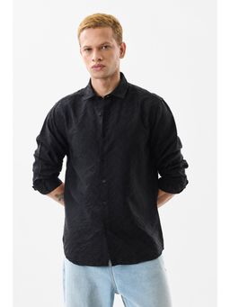 Snitch - Men Lyocell Blend Textured Regular Fit Collar Neck Black Casual Shirt