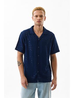 Snitch - Men Viscose Embellished Boxy Fit Collar Neck Navy Blue Casual Shirt