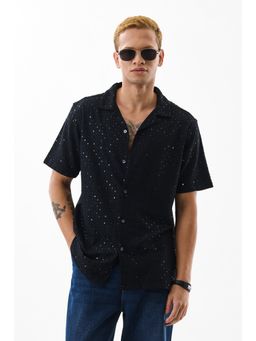 Snitch - Men Viscose Embellished Boxy Fit Collar Neck Black Casual Shirt