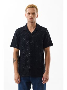 Snitch - Men Viscose Embellished Boxy Fit Collar Neck Black Casual Shirt